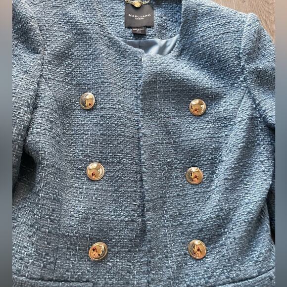 marciano kitty blue tweed jacket blazer coat gold button detail size 4 - Picture 4 of 4
